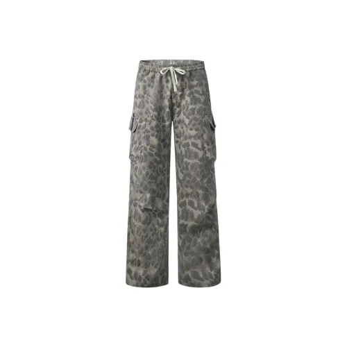 FAIRWHALE Casual Pants Unisex Black Gray Leopard Print