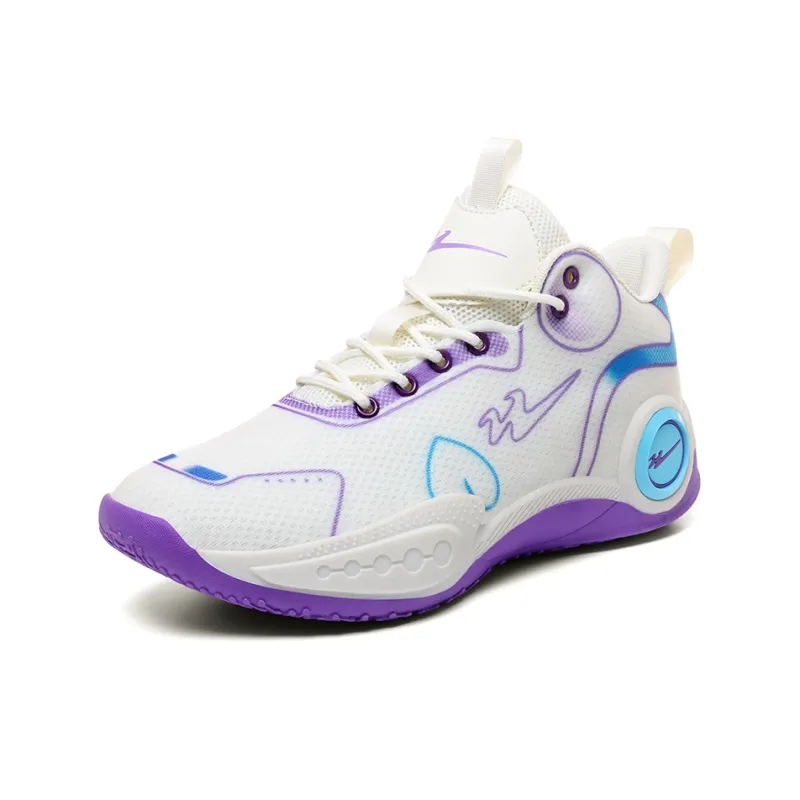 Binary Cushioning Abrasion Resistant Breathable Slip Resistant Mid Top Basketball Shoes Unisex Beige Purple-1
