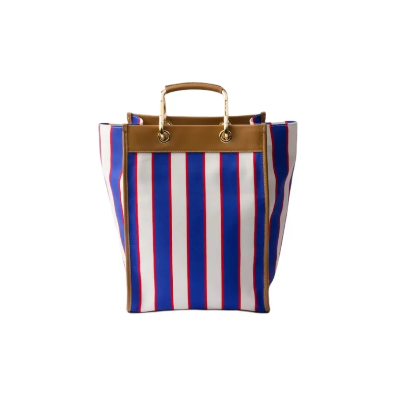 PRADA Cotton Handbag Large Size Women's Royal Blue With Caramel Accent-2
