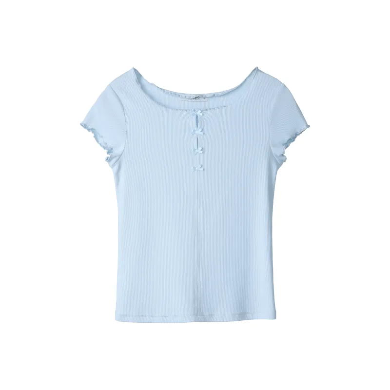 Fstudio Summer Atmosphere Design Solid Color Slimming Short Sleeved T Shirts Women's-4