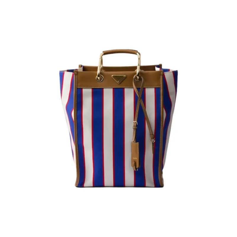PRADA Cotton Handbag Large Size Women's Royal Blue With Caramel Accent-0