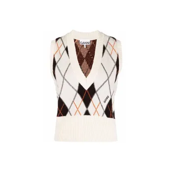 GANNI Harlequin Knit V Neck Vest 'Egret'