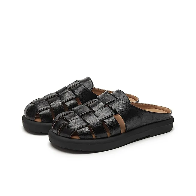 DAPHNE Rubber Sole Leather Patchwork Quiet Closed Toe Slippers Women's-2