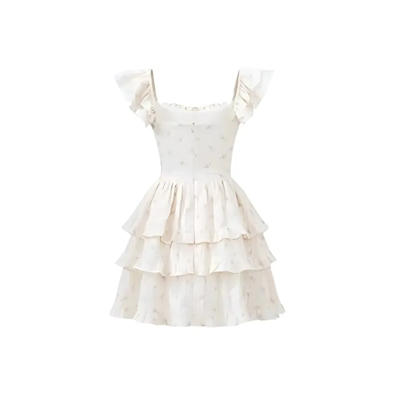 Flowers In Water Short Sleeved Dress Women's Apricot-3