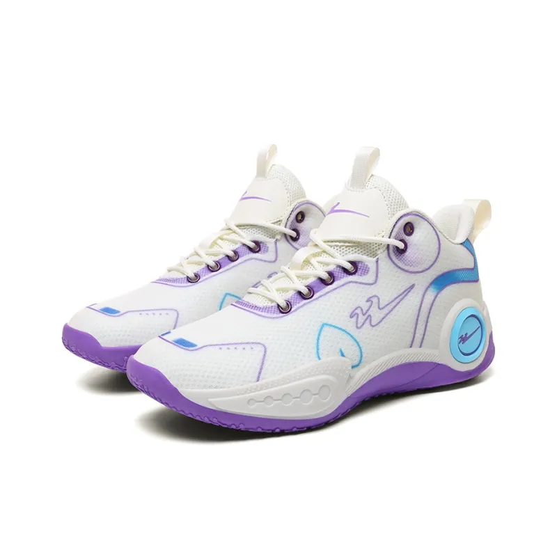 Binary Cushioning Abrasion Resistant Breathable Slip Resistant Mid Top Basketball Shoes Unisex Beige Purple-2