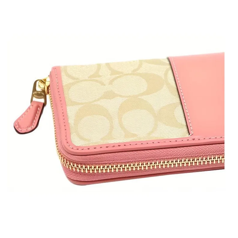COACH Accordion Zip Canvas With Leather Wallet Medium Size Women's Khaki With Light Pink Accents-3