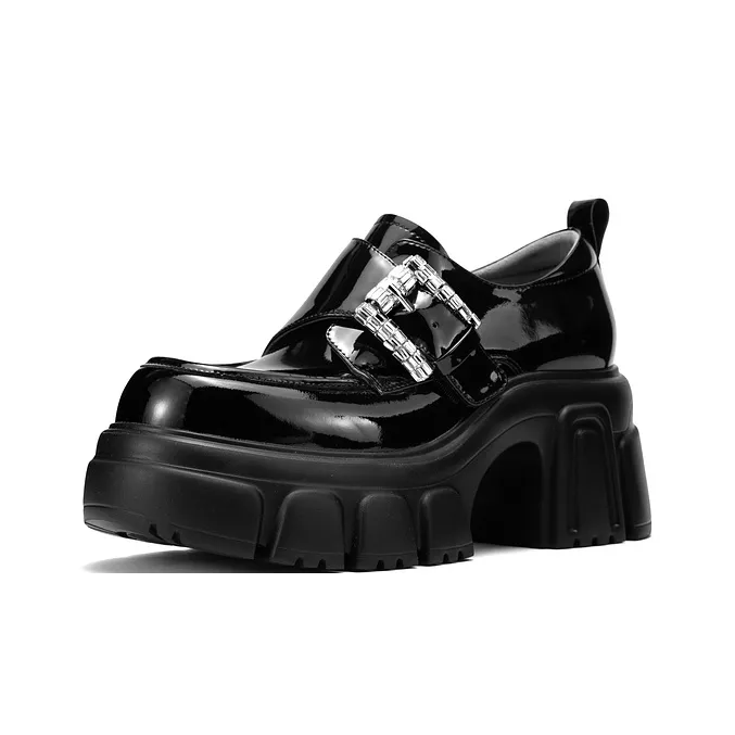 JOOC Ballet Flats Chunky Heel High Heels 7.5CM Women's Black-1