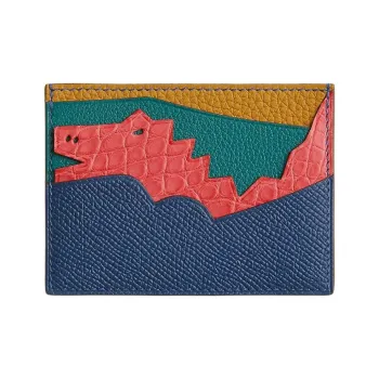 HERMES Calfskin With Goatskin And Crocodile Leather Card Holder Unisex Multicolor & Blue