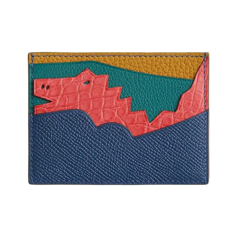 HERMES Calfskin With Goatskin And Crocodile Leather Card Holder Unisex Multicolor & Blue-0