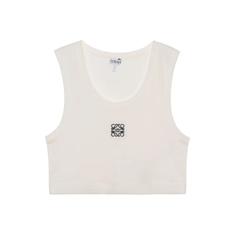 LOEWE Cropped Cotton Anagram Tank Top White/Navy Blue-0
