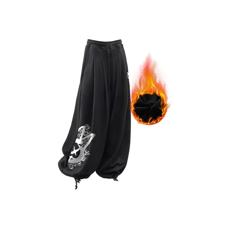 CULT OF INDIVIDUALITY Casual Pants Graffiti Print, Winter Casual Thermal Sports Elastic Cuff Wide Leg Pants Unisex-0