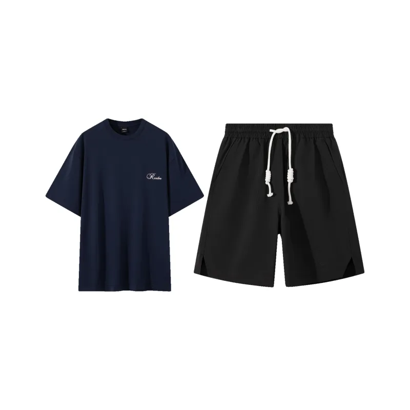Lilbetter Casual Sportswear Unisex Clothing Set Navy Blue T Shirt+Black Shorts-0