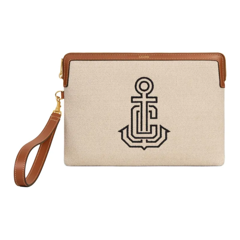 CELINE Fabric With Cow Leather Clutch Small Size Women's Natural & Tan-0