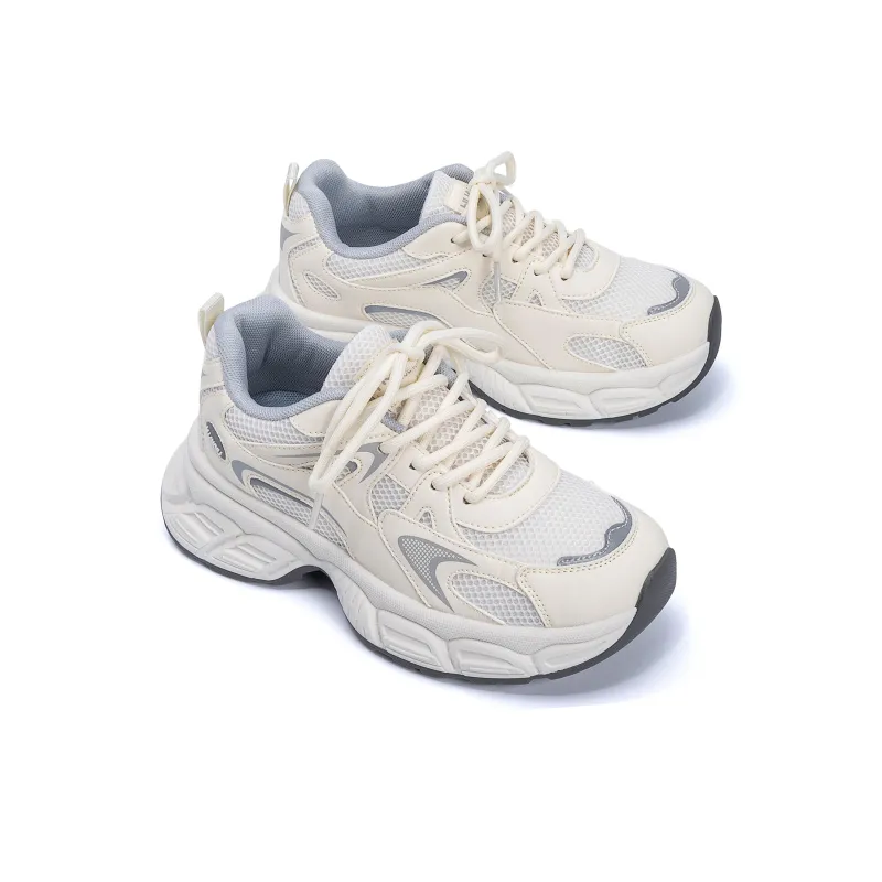 HUANQIU Breathable Coverage Height Increase Low Top Chunky Sneakers Women's Beige Gray-3