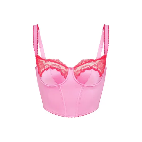 SKIMS STRETCH SATIN LACE CROPPED CORSET Tank Top Women's NEON ORCHID/Neon Orchid