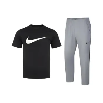 Nike Casual Sportswear Men Set Black Short Sleeved Shirt+Light Gray Pants
