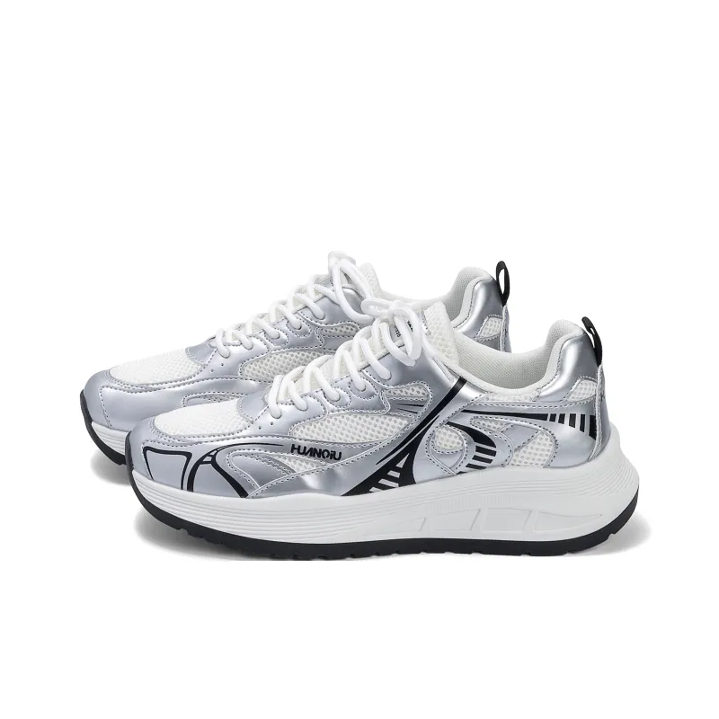 HUANQIU Breathable Coverage Height Increase Low Top Chunky Sneakers Men's Beige Silver-1