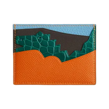 HERMES Porosus Calfskin Card Holder Women's Orange & Green
