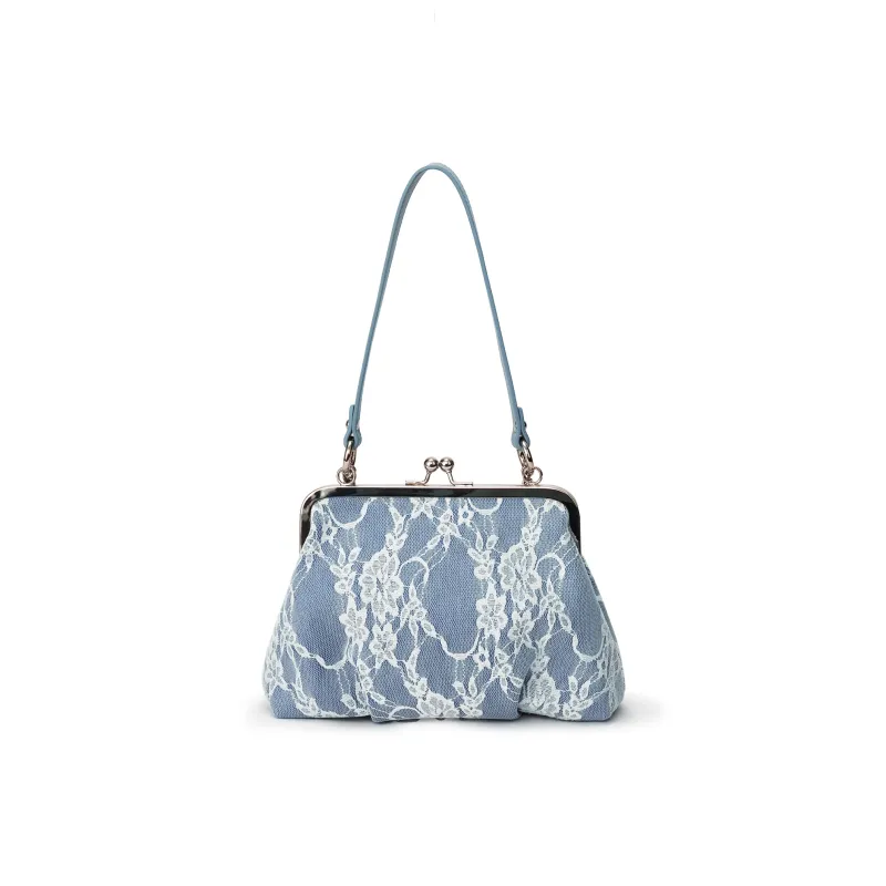 Lee Fabric Crossbody Bag, Handbag, Shoulder Bag Regular Women's Blue White Lace-3