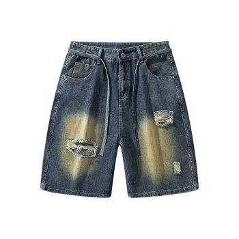 YINLEI Denim Shorts Men's Dark Blue Washed Color