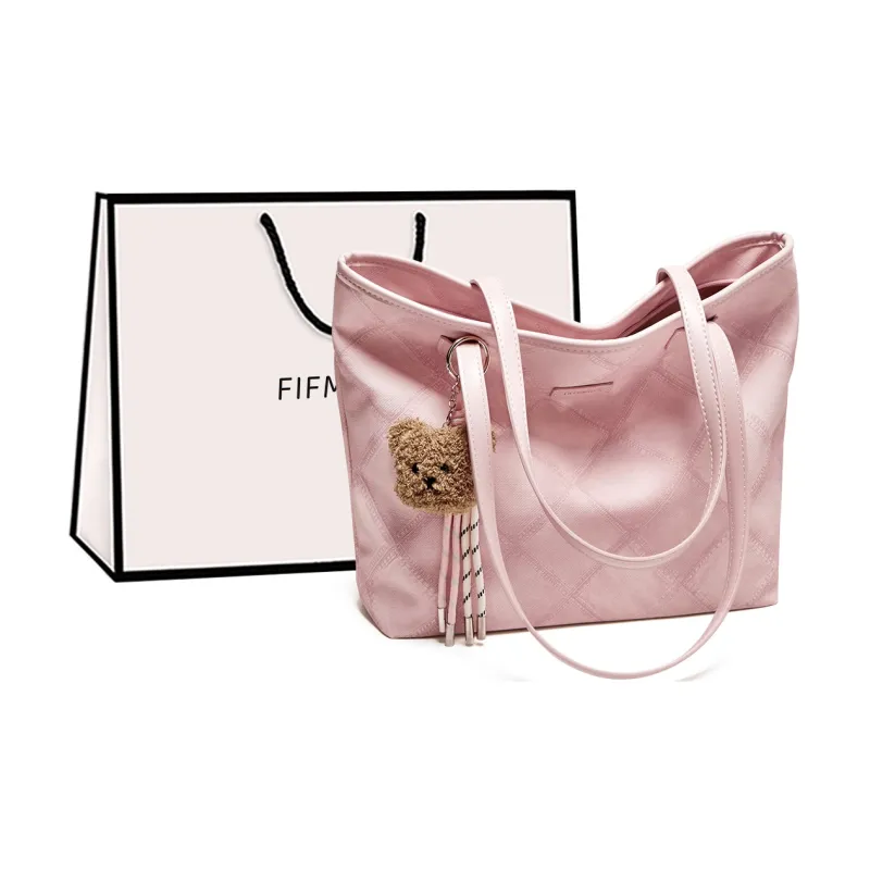 15 MINS Synthetic Leather Tote Bag, Shopping Bag, Shoulder Bag Large Size Women's Pink-0