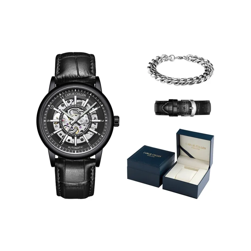CARLIECULLEN Black Knight Series Automatic Mechanical Movement Genuine Leather Strap Watch Men's Watches Black Dial-49