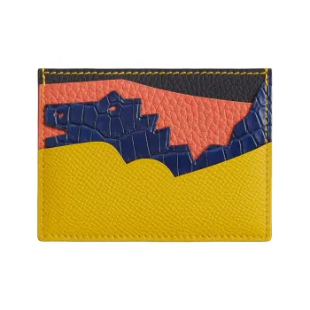 HERMES Porosus Calfskin Card Holder Women's Yellow & Blue