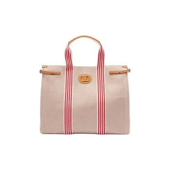 Valentino Cotton Tote Bag, Shopping Bag, Handbag Large Size Women's Beige & Red