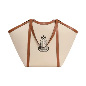 CELINE Cabas Fabric With Cow Leather Shoulder Bag Large Size Women's Natural & Tan