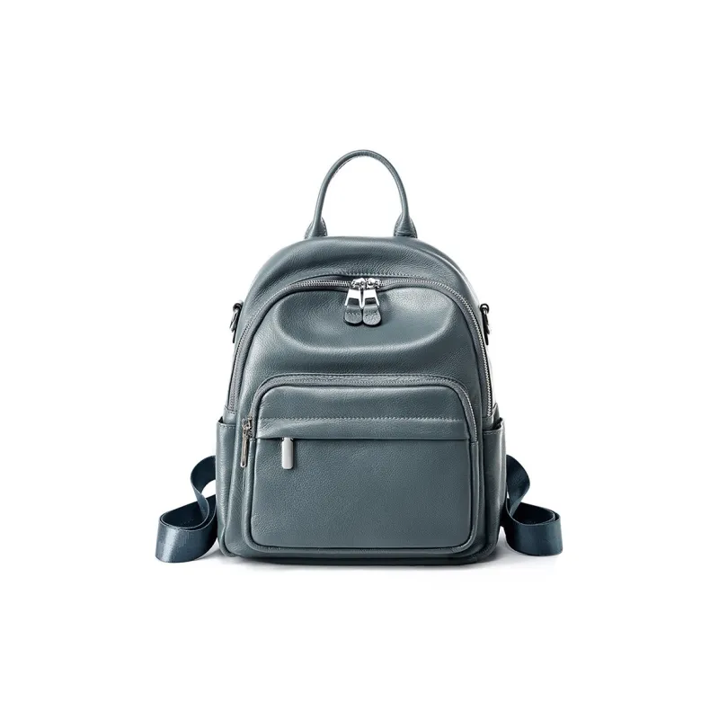PESASRIE Cow Leather Backpack Women's Black/Gray/Light Blue-10