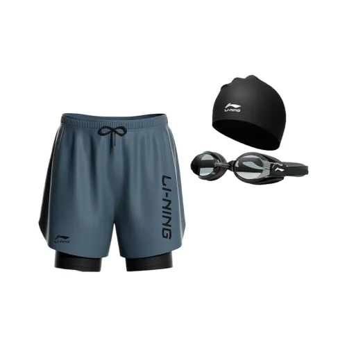 LiNing Beach Shorts Men's 814 Gray Swimming Shorts+808 Swim Cap+508 Goggles