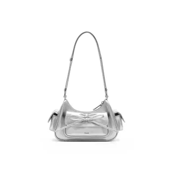 MUVA Cowhide Split Leather Shoulder Bag, Crossbody Bag Medium Size Women's Lunar Rock Silver/Party Red