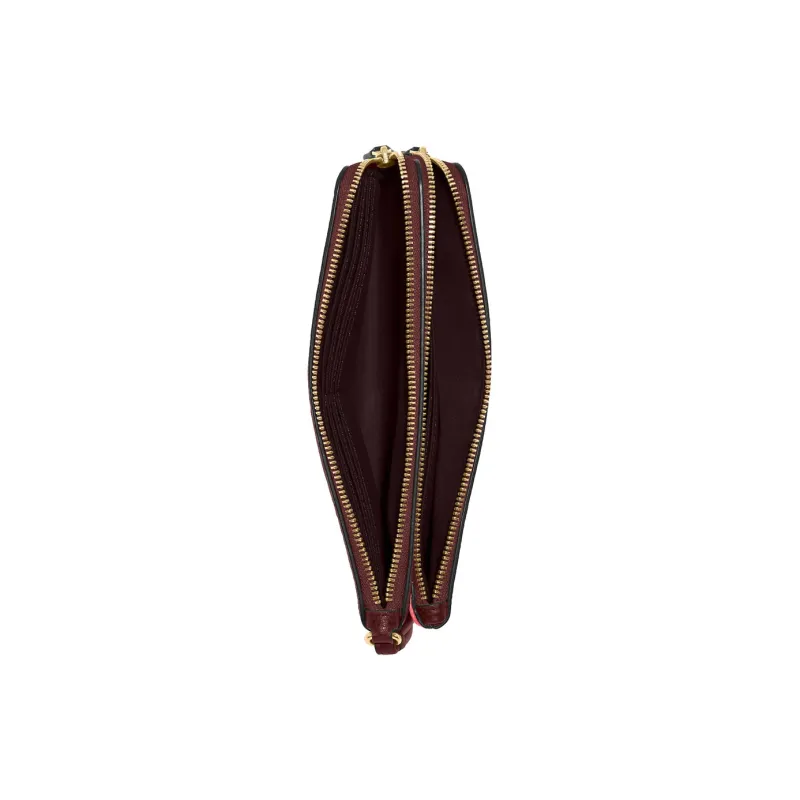 COACH Double Zip Wallet Refined Pebble Leather Card Holder Wallet Small Size Women's Watermelon Red Wine Red-2