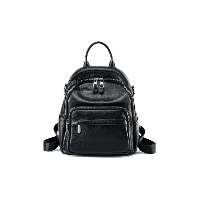 PESASRIE Cow Leather Backpack Women's Black/Gray/Light Blue-0