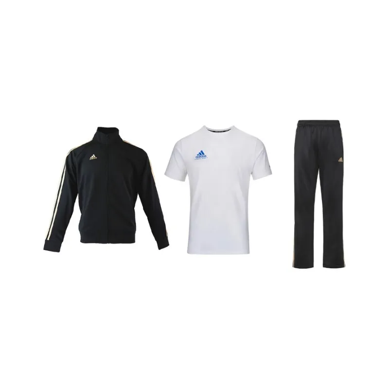 Adidas Casual Sportswear Men Set Black Base With Gold Stripes Coat+White T Shirt With Blue Logo+Black Gold Pants-0