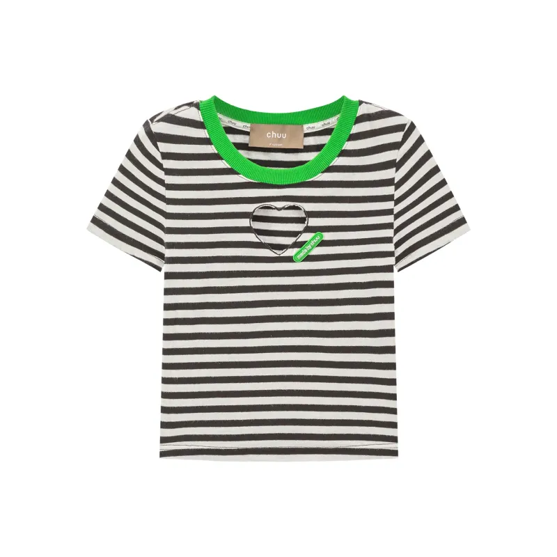CHUU Frog Series Crop Top Women's Black White Stripes-0