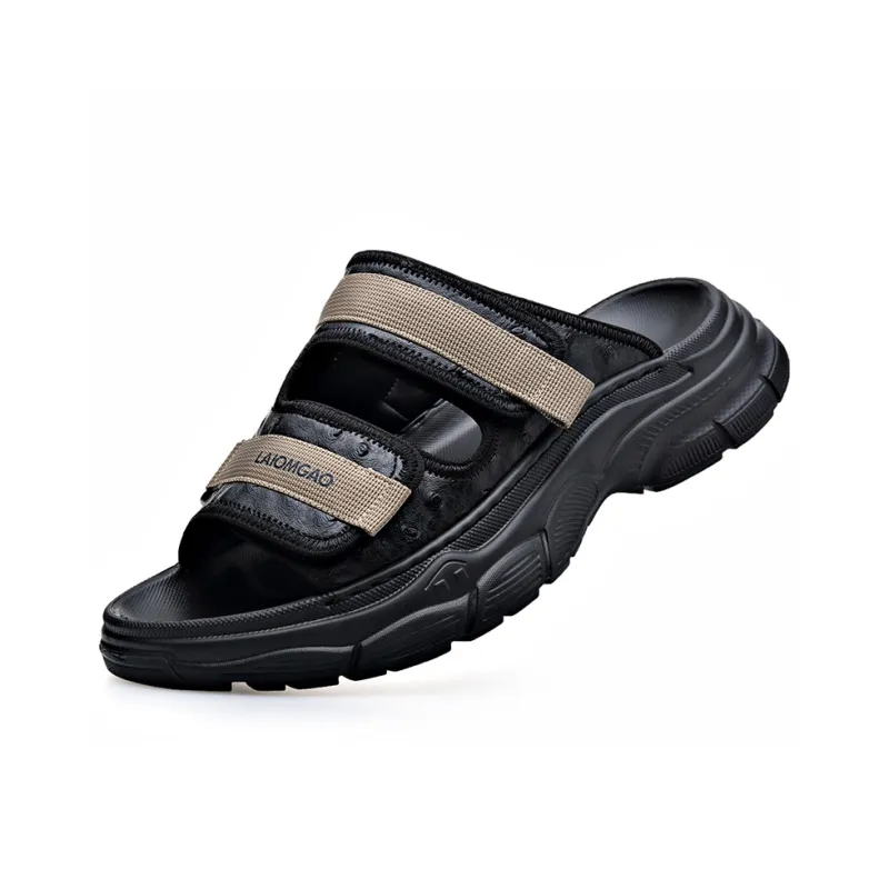 SHUPATE Leather Patchwork Slip Resistant Quick Dry Massage Slide Slippers Men's Black-2