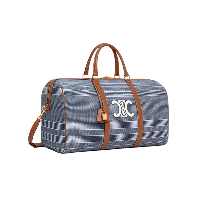 CELINE Fabric With Cow Leather One Shoulder Handbag, Travel Bag Women's Blue & Beige-2