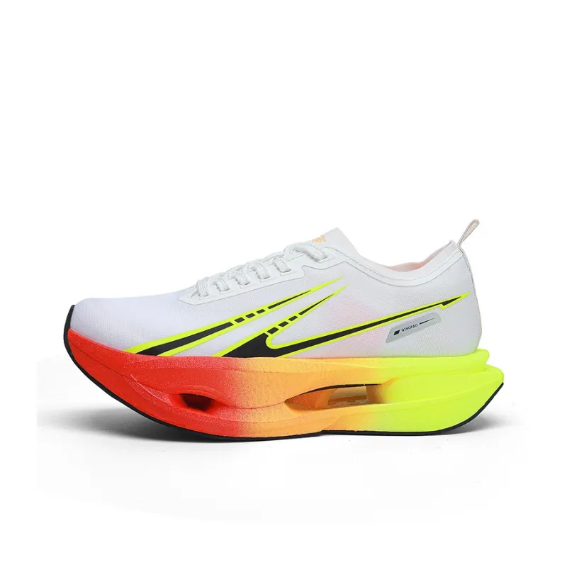 Qing Pao Cushioning Slip Resistant Low Top Full Length Carbon Fiber Plate Racing Running Shoes Men's White Yellow-0