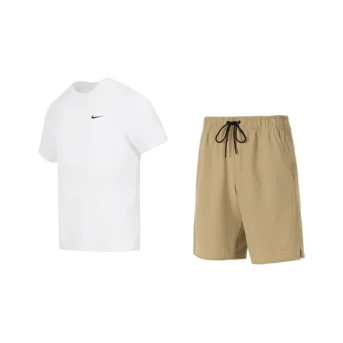 Nike Casual Sportswear Men White T-Shirt+Khaki Shorts