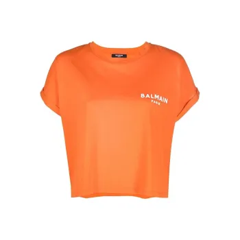 BALMAIN Cropped Short Sleeve Flock Detail T Shirt 'Orange'