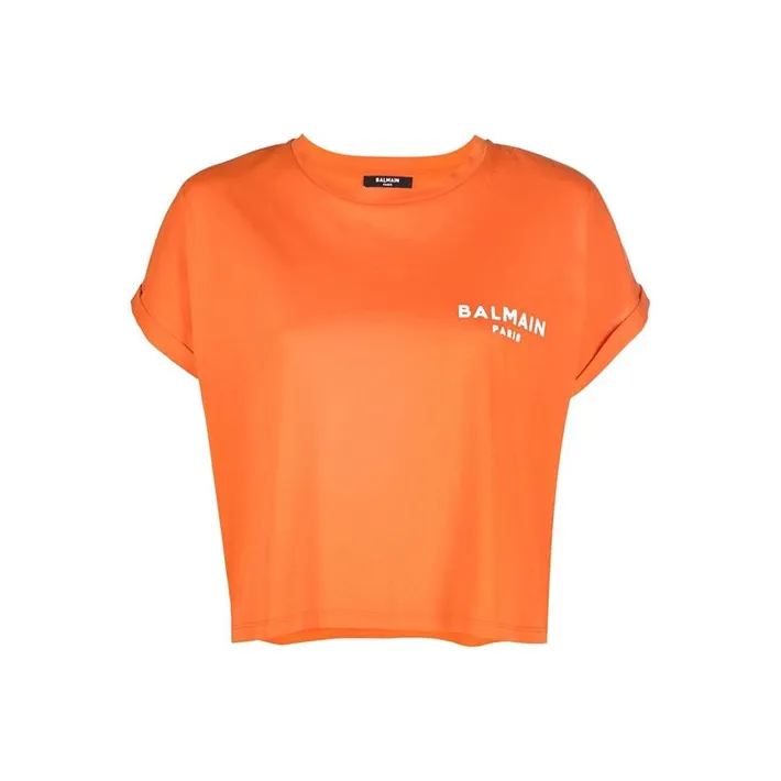 BALMAIN Cropped Short Sleeve Flock Detail T Shirt 'Orange'-0