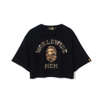 A BATHING APE X Mcm Rhinestone College Short Tee Black