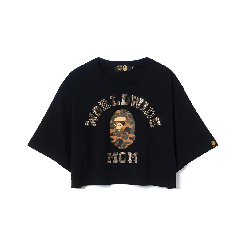 Bape X Mcm Rhinestone College Short Tee Black-0
