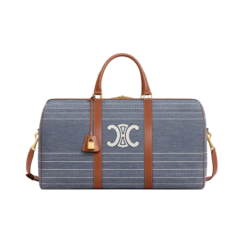 CELINE Fabric With Cow Leather One Shoulder Handbag, Travel Bag Women's Blue & Beige-0
