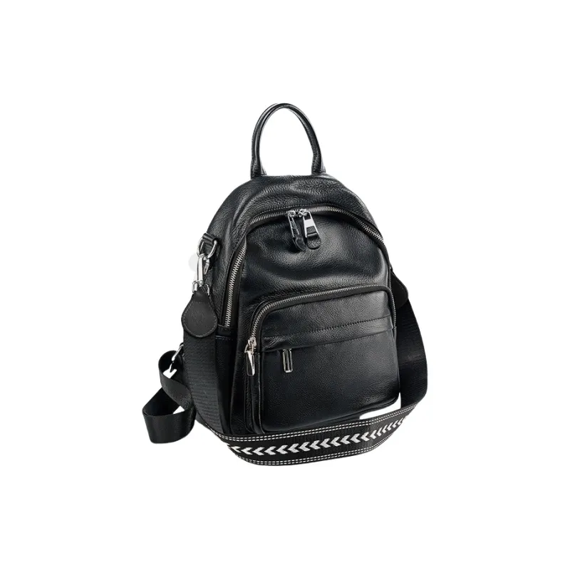 PESASRIE Cow Leather Backpack Women's Black/Gray/Light Blue-7