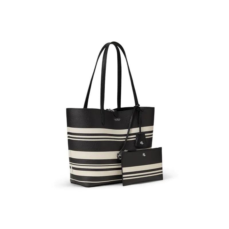 Ralph Lauren Synthetic Leather Tote Bag, Shopping Bag, Shoulder Bag Large Size Women's Black & Stripes-2