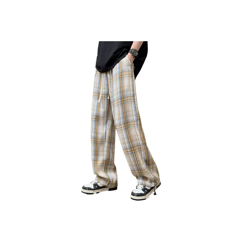 NOAHGIGI Casual Pants Unisex Khaki Blue Plaid-10