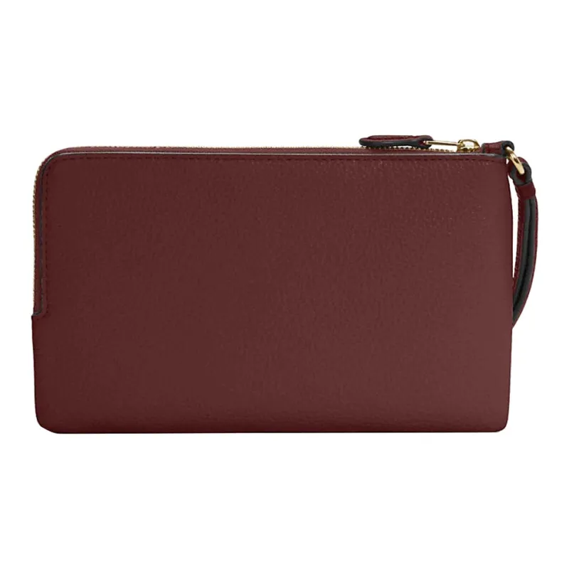 COACH Double Zip Wallet Refined Pebble Leather Card Holder Wallet Small Size Women's Watermelon Red Wine Red-1