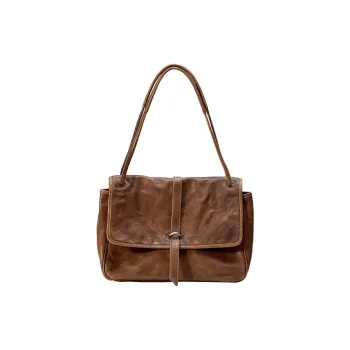 Qiuzhen Water Dyed Vegetable Tanned Cow Leather Shoulder Bag Large Size Women's Elephant Gray/caramel Color